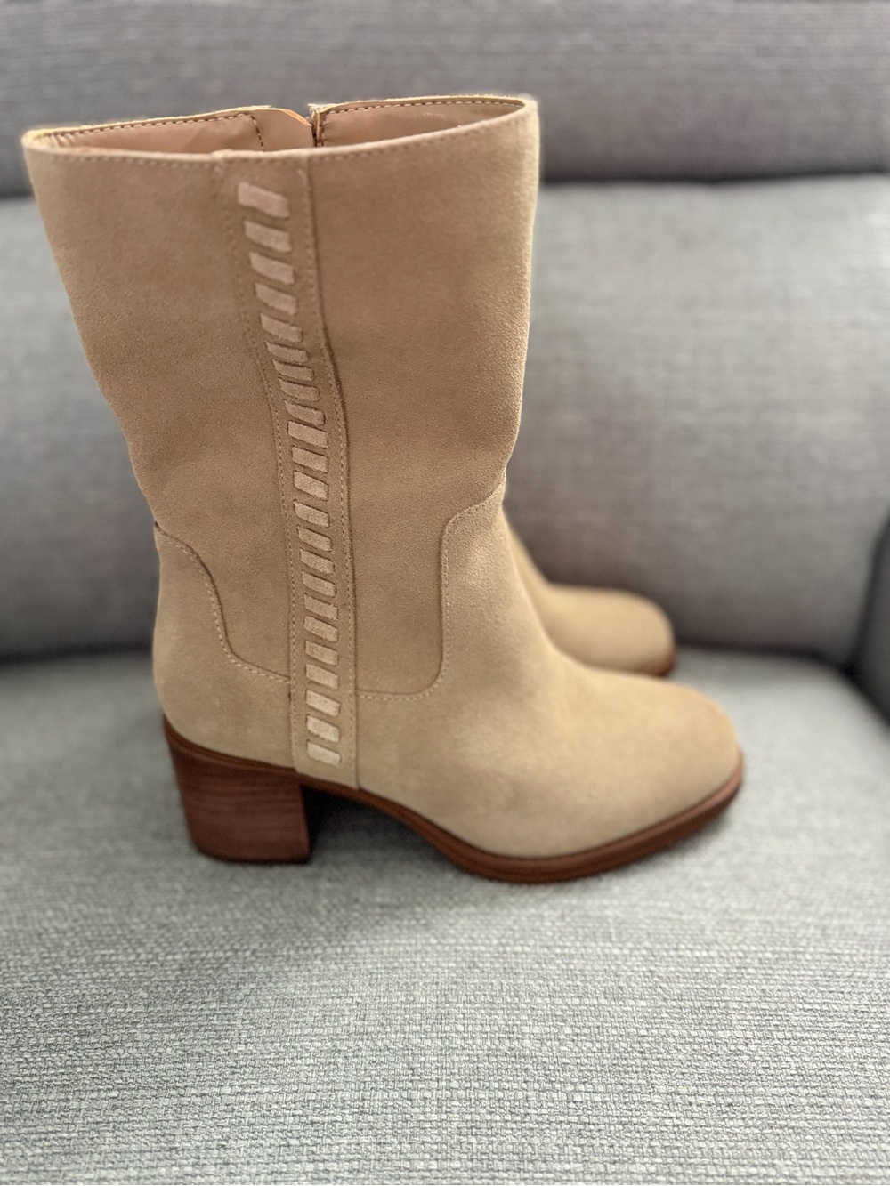 Vince Camuto Taupe Suede Mid-Calf Block Heel Boots